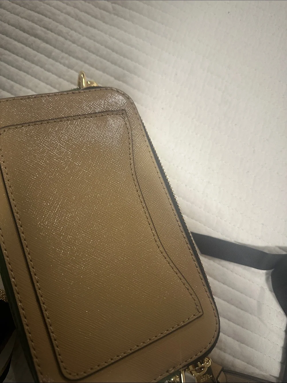 Marc Jacobs Gold Saffiano Camera Crossbody with Striped Strap